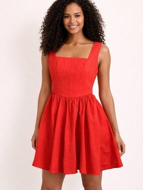 Kourt Red Fit & Flare Dress Square Neck Cotton Size L